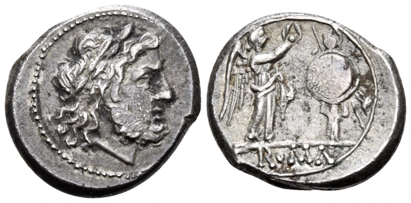 Anonymous, 211-208 BC. Victoriatus (Silver, 17 mm, 3.37 g, 7 h), Rome. Laureate ...