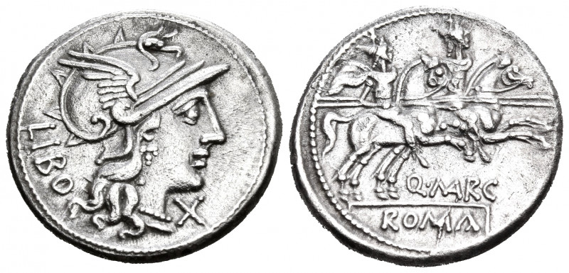Q. Marcius Libo, 148 BC. Denarius (Silver, 19 mm, 3.81 g, 2 h), Rome. LIBO Helme...