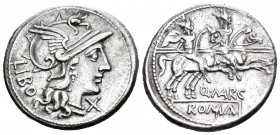 Q. Marcius Libo, 148 BC. Denarius (Silver, 19 mm, 3.81 g, 2 h), Rome. LIBO Helmeted head of Roma to right; below chin, X. Rev. Q · (MA)RC / ROMA The D...