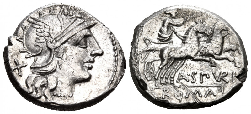 A. Spurilius, 139 BC. Denarius (Silver, 18 mm, 3.39 g, 5 h), Rome. Helmeted head...