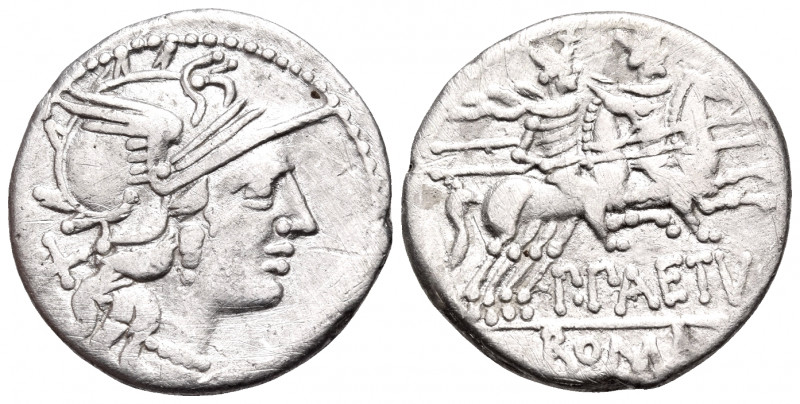 P. Aelius Paetus, 138 BC. Denarius (Silver, 19 mm, 3.85 g, 3 h), Rome. Helmeted ...