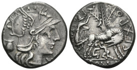 Sex. Pompeius Fostlus, 137 BC. Denarius (Silver, 20 mm, 3.89 g, 6 h), Rome. Helmeted head of Roma to right; behind, jug; below chin, X. Rev. SEX PO FO...