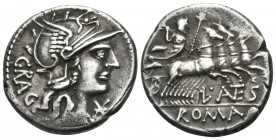 L. Antestius Gragulus, 136 BC. Denarius (Silver, 19 mm, 3.90 g, 5 h), Rome. GRAG Helmeted head of Roma to right; below chin, XVI monogram. Rev. L · (A...