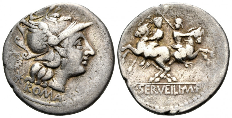 C. Servilius M.f, 136 BC. Denarius (Silver, 20 mm, 3.85 g, 5 h), Rome. ROMA Helm...