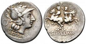 C. Servilius M.f, 136 BC. Denarius (Silver, 20 mm, 3.85 g, 5 h), Rome. ROMA Helmeted head of Roma to right; behind, wreath and denomination mark. Rev....