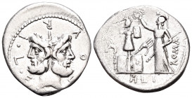 M. Furius L.f. Philus, 120 BC. Denarius (Silver, 20 mm, 3.83 g, 9 h), Rome. M FOVRI L F Laureate head of Janus. Rev. PHLI / ROMA Roma standing left, h...