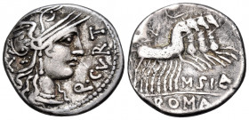 Q. Curtius, 116-115 BC. Denarius (Silver, 18 mm, 3.90 g, 7 h), Rome. Q · CVRT Helmeted head of Roma to right; behind, X upwards before. Rev. M SI(LA) ...