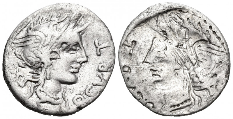 Q. Curtius, 116-115 BC. Denarius (Silver, 20 mm, 3.66 g), Obverse brockage, Rome...