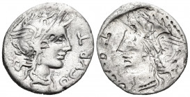 Q. Curtius, 116-115 BC. Denarius (Silver, 20 mm, 3.66 g), Obverse brockage, Rome. Q · CVRT Helmeted head of Roma to right; behind, X upwards before. R...