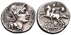 M. Sergius Silus, 116-115 BC. Denarius (Silver, 19 mm, 3.89 g, 9 h), Rome. EX · S · C / ROMA Helmeted head of Roma to right; behind, denomination mark...