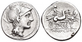 Appius Claudius Pulcher, T. Manlius Mancius and Q. Urbinius, 111-110 BC. Denarius (Silver, 17 mm, 3.80 g, 7 h), Rome. Helmeted head of Roma to right; ...