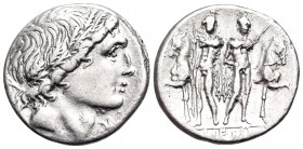 L. Memmius, 109-108 BC. Denarius (Silver, 18 mm, 3.86 g, 7 h), Rome. Male head to right, wearing oak wreath; below chin, denomination mark. Rev. L · M...