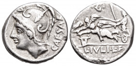 L. Julius L.f. Caesar, 103 BC. Denarius (Silver, 15 mm, 3.94 g, 7 h), Rome. CAESAR Helmeted head of Mars to left. Rev. L.IVLI.L.F Venus in biga of cup...