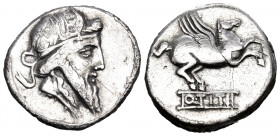 Q. Titius, 90 BC. Denarius (Silver, 18 mm, 3.78 g, 3 h), Rome. Bearded head of Mutinus Titinius to right, wearing winged diadem. Rev. Q · TITI Pegasus...