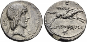 L. Calpurnius Piso Frugi, 90 BC. Denarius (Silver, 17 mm, 3.79 g, 5 h), Rome. Laureate head of Apollo to right; behind, grasshopper; below chin, C. Re...