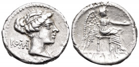 M. Porcius Cato, 89 BC. Denarius (Silver, 19 mm, 3.96 g, 11 h), Rome. RO(MA) / M · CATO Diademed and draped female bust to right. Rev. VIC(TR)IX Victo...