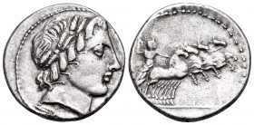 Anonymous, 86 BC. Denarius (Silver, 18 mm, 3.95 g, 12 h), Rome. Laureate head of Apollo to right; below neck truncation, thunderbolt. Rev. Jupiter in ...