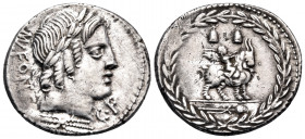 Mn. Fonteius C.f, 85 BC. Denarius (Silver, 20 mm, 4.13 g, 6 h), Rome. (MN) FO(NT)EI C · F Laureate head of Vejovis to right; below, thunderbolt. Rev. ...