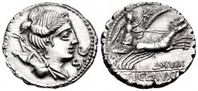Ti. Claudius Ti.f. Ap.n. Nero, 79 BC. Denarius Serratus (Silver, 19 mm, 4.03 g, 5 h), Rome. Diademed and draped bust of Diana to right, quiver and bow...