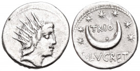 L. Lucretius Trio, 74 BC. Denarius (Silver, 18 mm, 3.87 g, 11 h), Rome. Radiate head of Sol to right. Rev. TRIO / L · LVCRETI Crescent moon surrounded...