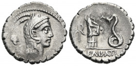 L. Roscius Fabatus, 64 BC. Denarius (Silver, 17 mm, 3.72 g, 6 h), Rome. L ROSCI Head of Juno Sospita to right; behind, mask. Rev. FABATI Girl standing...