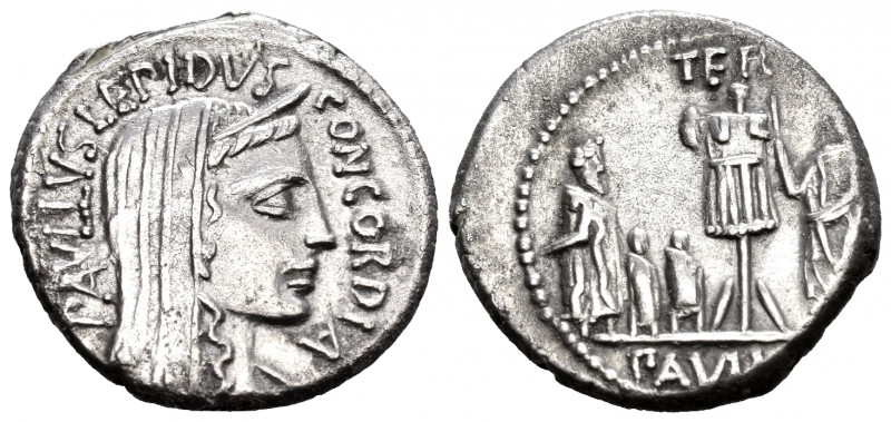 L. Aemilius Lepidus Paullus, 62 BC. Denarius (Silver, 18 mm, 3.82 g, 8 h), Rome....