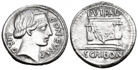L. Scribonius Libo, 62 BC. Denarius (Silver, 19 mm, 3.78 g, 5 h), Rome. BON · EVENT / LIBO Diademed head of Bonus Eventus to right. Rev. PVTEAL / SCRI...