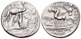 M. Aemilius Scaurus and Pub. Plautius Hypsaeus, 58 BC. Denarius (Silver, 18 mm, 3.91 g, 6 h), Rome. M SCAVR / AED CVR / EX S C / REX ARETAS Male figur...