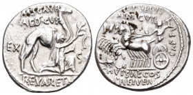 M. Aemilius Scaurus and Pub. Plautius Hypsaeus, 58 BC. Denarius (Silver, 18 mm, 3.69 g, 3 h), Rome. M SCAVR / AED CVR / EX S C / REX ARETAS Male figur...
