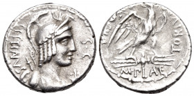 M. Plaetorius M.f. Cestianus, 57 BC. Denarius (Silver, 17 mm, 4.03 g, 5 h), Rome. CESTIANVS S · C Bust of female deity (Vacuna?) to right, draped and ...