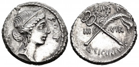 Q. Sicinius, 49 BC. Denarius (Silver, 17 mm, 3.90 g, 11 h), Rome. FORT P.R Diademed head of Fortuna to right. Rev. III. - VIR / Q.SICINIVS Filleted pa...