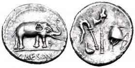 Julius Caesar, 49-48 BC. Denarius (Silver, 18 mm, 3.38 g, 1 h), mint moving with Caesar in Northern Italy. CAESAR Elephant to right, trampling horned ...