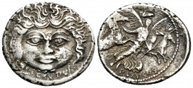 L. Plautius Plancus, 47 BC. Denarius (Silver, 20 mm, 3.52 g, 6 h), Rome. L · PLAVTIVS Head of Medusa facing with disheveled hair, but lacking her usua...