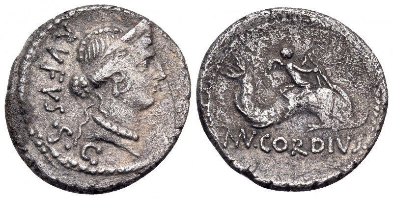 Mn. Cordius Rufus, 46 BC. Denarius (Silver, 18 mm, 3.56 g, 7 h), Rome. RVFVS S ·...