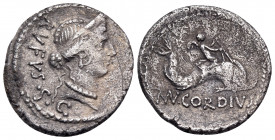 Mn. Cordius Rufus, 46 BC. Denarius (Silver, 18 mm, 3.56 g, 7 h), Rome. RVFVS S · C Diademed head of Venus to right. Rev. (MN) · CORDIVS Cupid riding o...