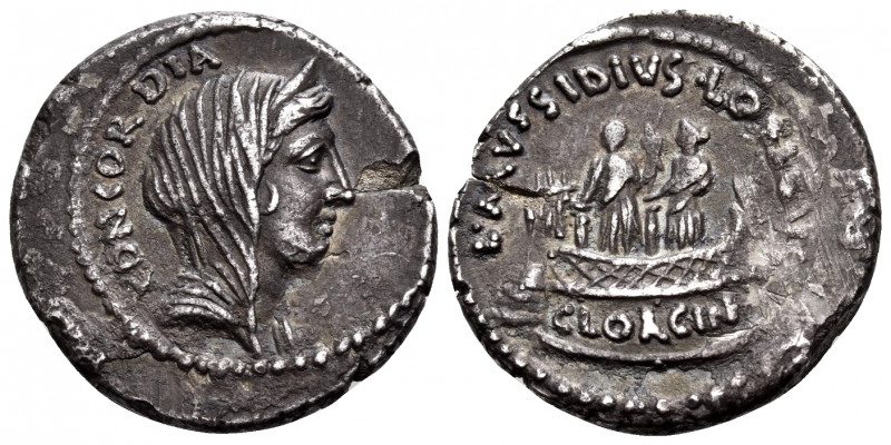L. Mussidius Longus, 42 BC. Denarius (Silver, 19 mm, 3.93 g, 12 h), Rome. CONCOR...