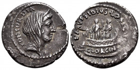 L. Mussidius Longus, 42 BC. Denarius (Silver, 19 mm, 3.93 g, 12 h), Rome. CONCORDIA Diademed and veiled head of Concordia to right. Rev. L • MVSSIDIVS...