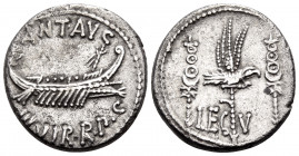The Triumvirs. Mark Antony, Autumn 32-spring 31 BC. Denarius (Silver, 17 mm, 3.28 g, 6 h), Legionary issue, Patrae (?) for the 5th Legion. ANT · AVG /...
