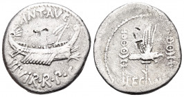 The Triumvirs. Mark Antony, autumn 32-spring 31 BC. Denarius (Silver, 18 mm, 3.51 g, 6 h), Patrae (?). ANT · AVG III · VIR · R · P · C Galley to the r...