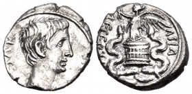 Octavian, 29-27 BC. Quinarius (Silver, 13 mm, 1.67 g, 1 h), uncertain Italian mint, probably Rome. CAESAR Bare head of Augustus to right. Rev. ASIA RE...
