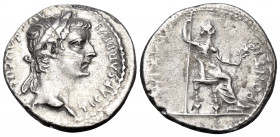 Tiberius, 14-37. Denarius (Silver, 17 mm, 3.73 g, 10 h), "Tribute Penny" type, Lugdunum, c. 18-35. TI CAESAR DIVI AVG F AVGVSTVS Laureate head of Tibe...