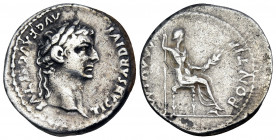 Tiberius, 14-37. Denarius (Silver, 19 mm, 3.72 g, 4 h), "Tribute Penny" type, Lugdunum, c. 18-35. TI CAESAR DIVI AVG F AVGVSTVS Laureate head of Tiber...