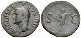 Agrippa, died AD 12. As (Copper, 28 mm, 10.03 g, 6 h), struck under Caligula, Rome, 37-41. M AGRIPPA L F COS III Head of Agrippa to left, wearing rost...