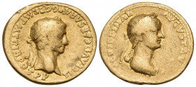 Claudius, with Agrippina Junior, 41-54. Aureus (Gold, 20 mm, 7.61 g, 6 h), Rome, 50-51. TI CLAVD CAESAR AVG GERM P M TRIB POT P P Laureate head of Cla...