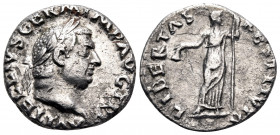 Vitellius, 69. Denarius (Silver, 18 mm, 3.24 g, 5 h), Rome. A VITELLIVS GERM IMP AVG TR P Laureate head of Vitellius to right. Rev. LIBERTAS RESTITVTA...