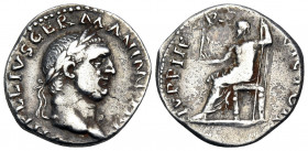 Vitellius, 69. Denarius (Silver, 18 mm, 3.28 g, 7 h), Rome. A VITELLIVS GERMAN IMP TR P Laureate head of Vitellius to right. Rev. IVPPITER VICTOR Jupi...