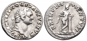 Domitian, as Caesar, 69-81. Denarius (Silver, 19 mm, 3.36 g, 7 h), struck under Vespasian, Rome, 79. CAESAR AVG F DOMITIANVS COS VI Laureate head of D...