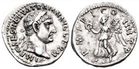 Trajan, 98-117. Denarius (Silver, 18 mm, 3.40 g, 7 h), Rome, 101-102. IMP CAES NERVA TRAIAN AVG GERM Laureate head of Trajan to right. Rev. P M TR P C...