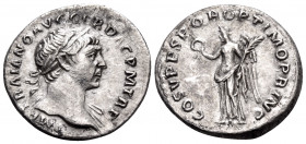 Trajan, 98-117. Denarius (Silver, 19 mm, 3.22 g, 6 h), Rome, 107-108. IMP TRAIANO AVG GER DAC P M TR P Laureate bust of Trajan to right, slight draper...