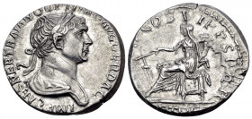Trajan, 98-117. Denarius (Silver, 18 mm, 3.42 g, 7 h), Rome, 114-116. IMP CAES NER TRAIANO OPTIMO AVG GER DAC Laureate and draped bust of Trajan to ri...